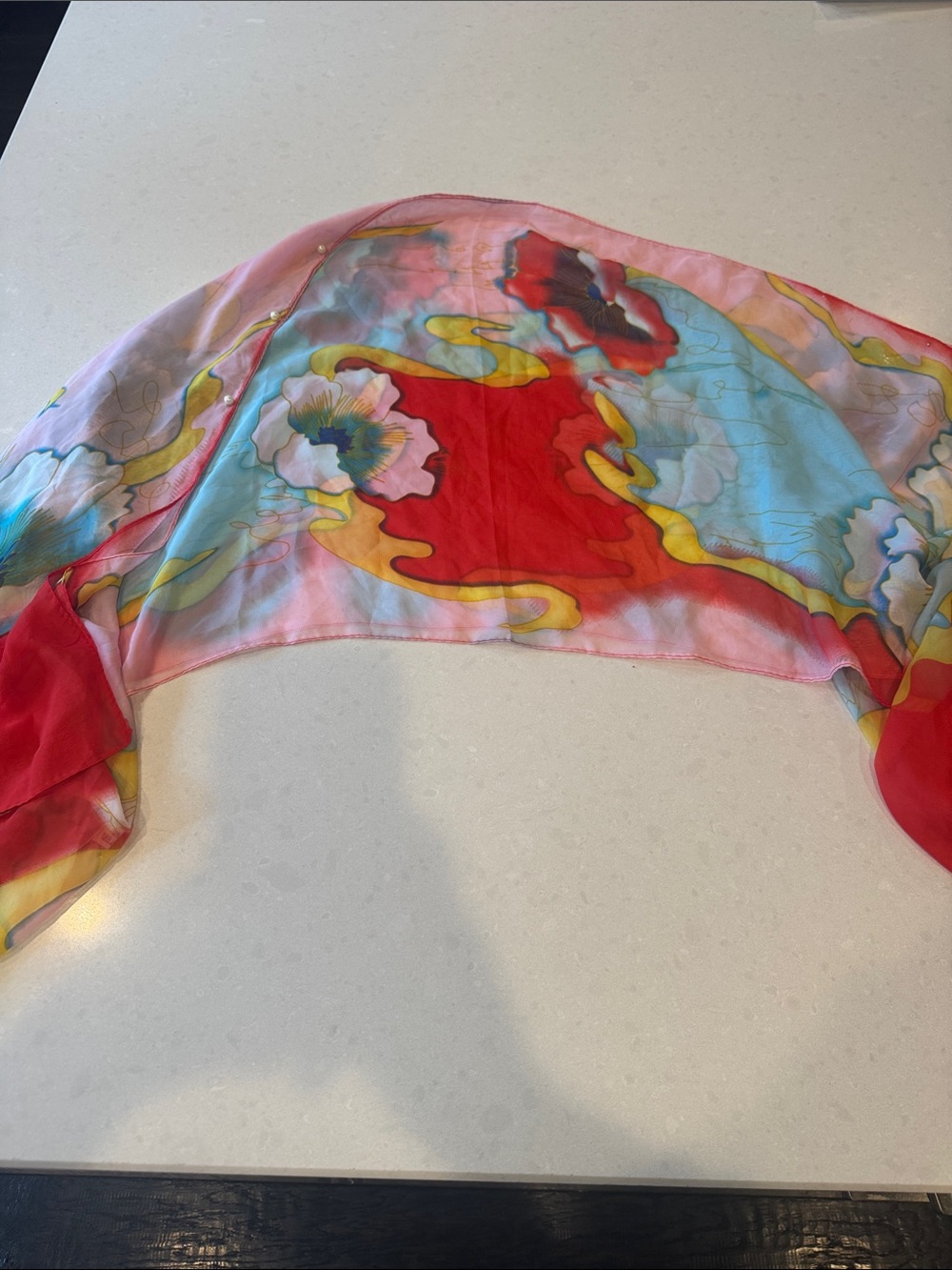 Sheer Floral Silk poncho cropped in Red, Pink & Sky Blue 100 silk  60 inch wide